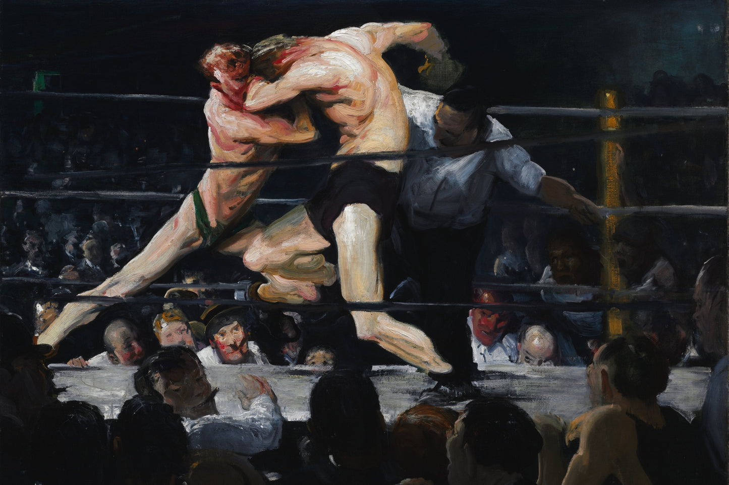 Oil painting of a boxing match with two fighters in the ring and spectators watching.