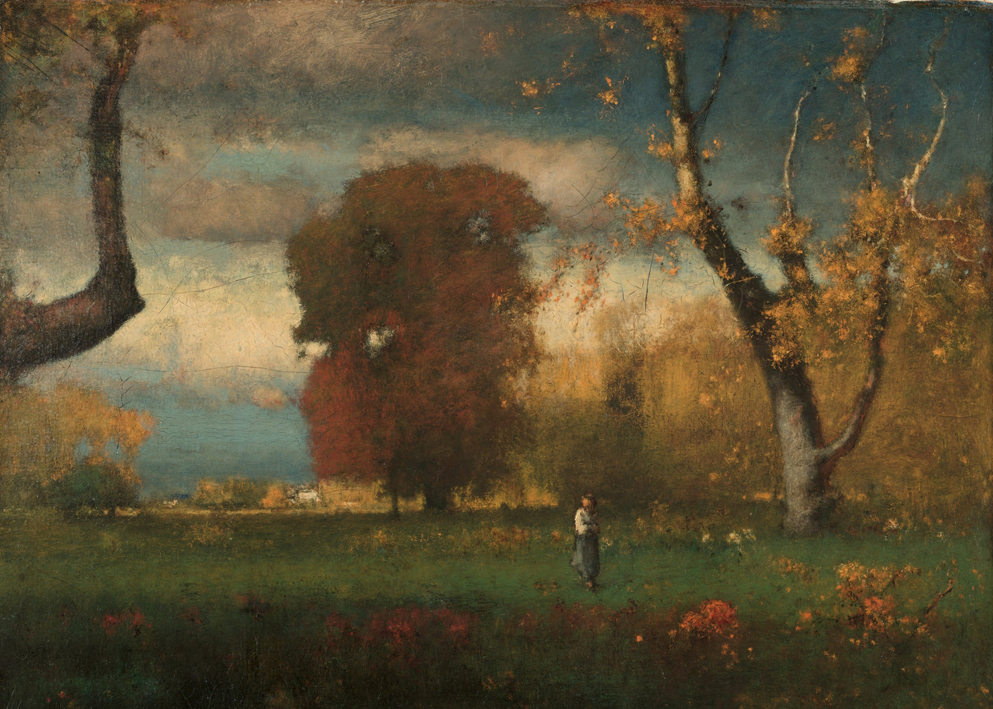 Painting of a landscape with trees and a person walking in a field