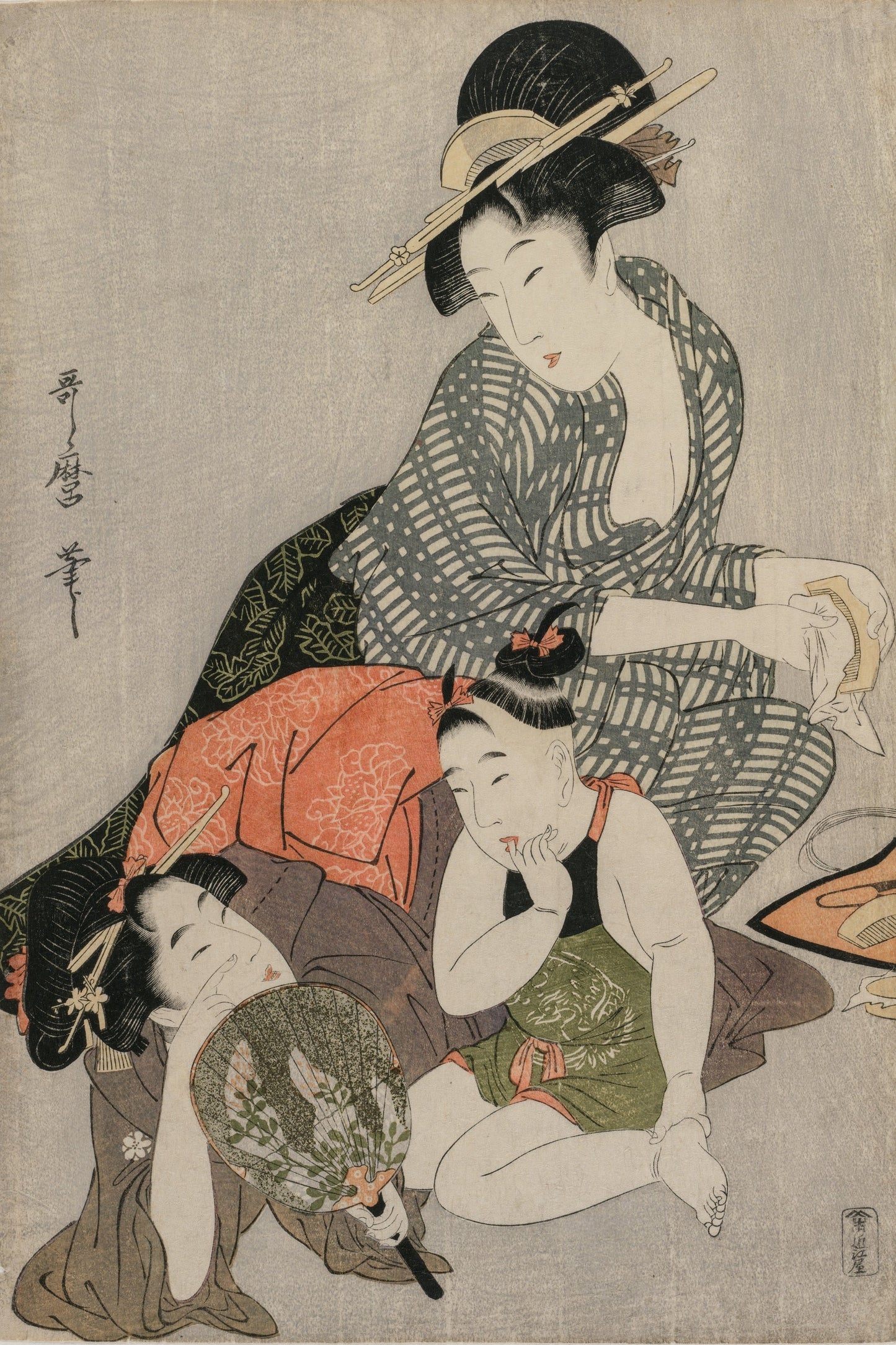 Traditional Japanese woodblock print of two women in elaborate clothing and hairstyles.