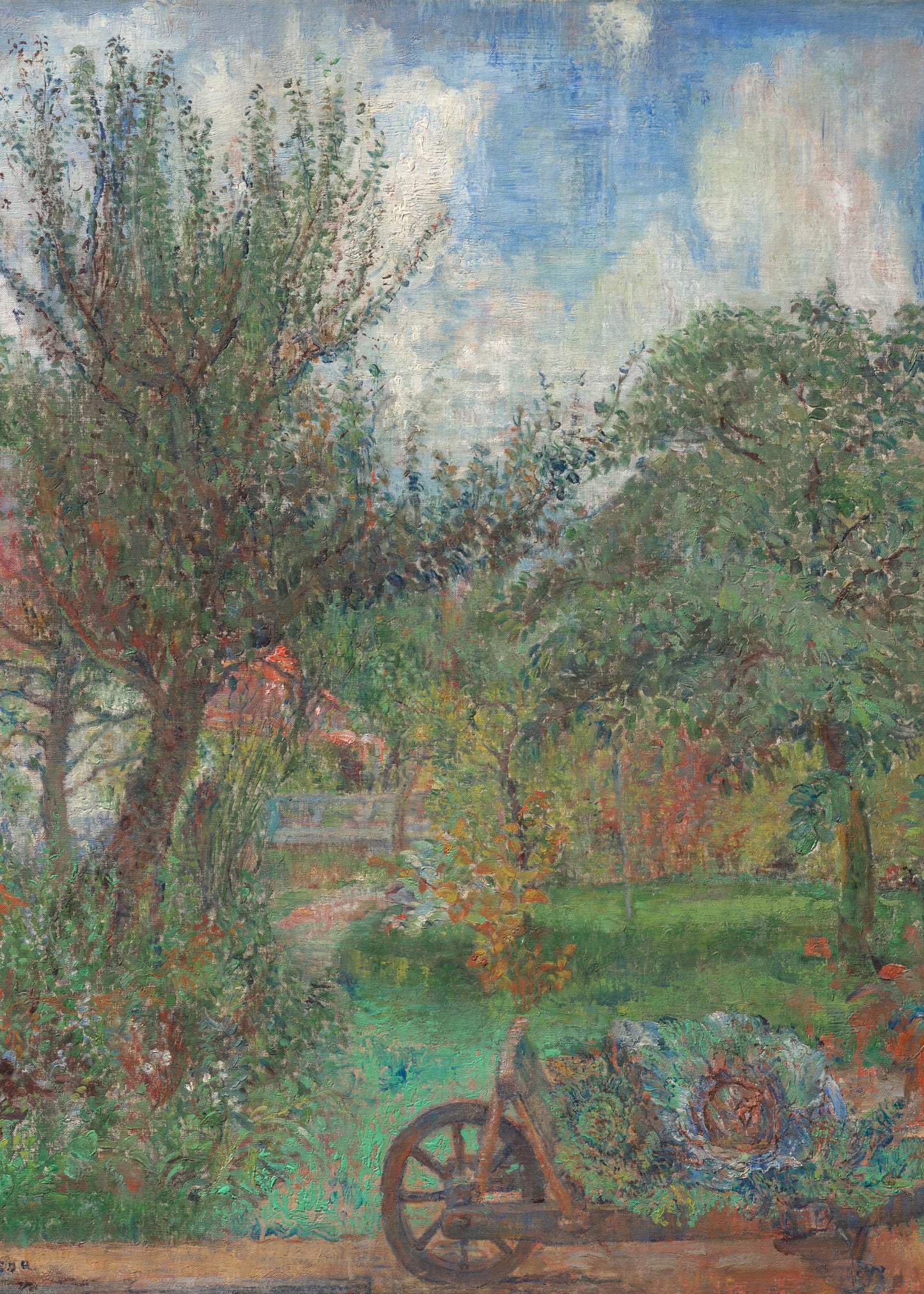 Painting of a garden scene with trees and a cart, featuring vibrant colors.