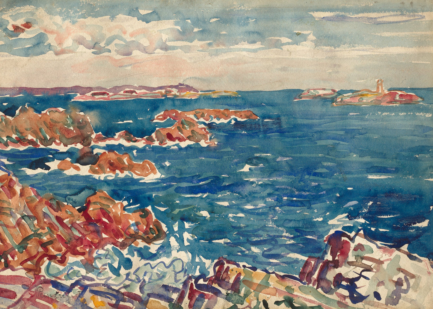 Colorful painting of a coastal scene with rocks and water.