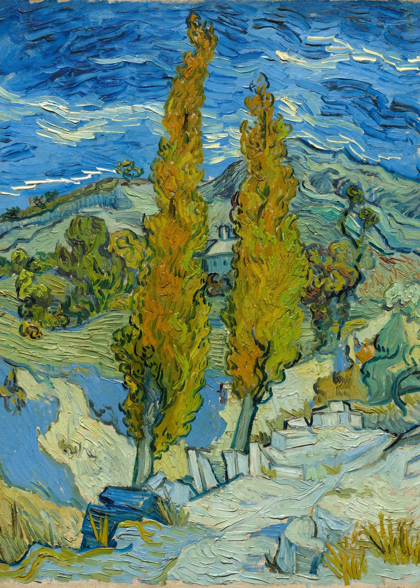 Painting of cypress trees and a house with a blue sky by Vincent van Gogh.