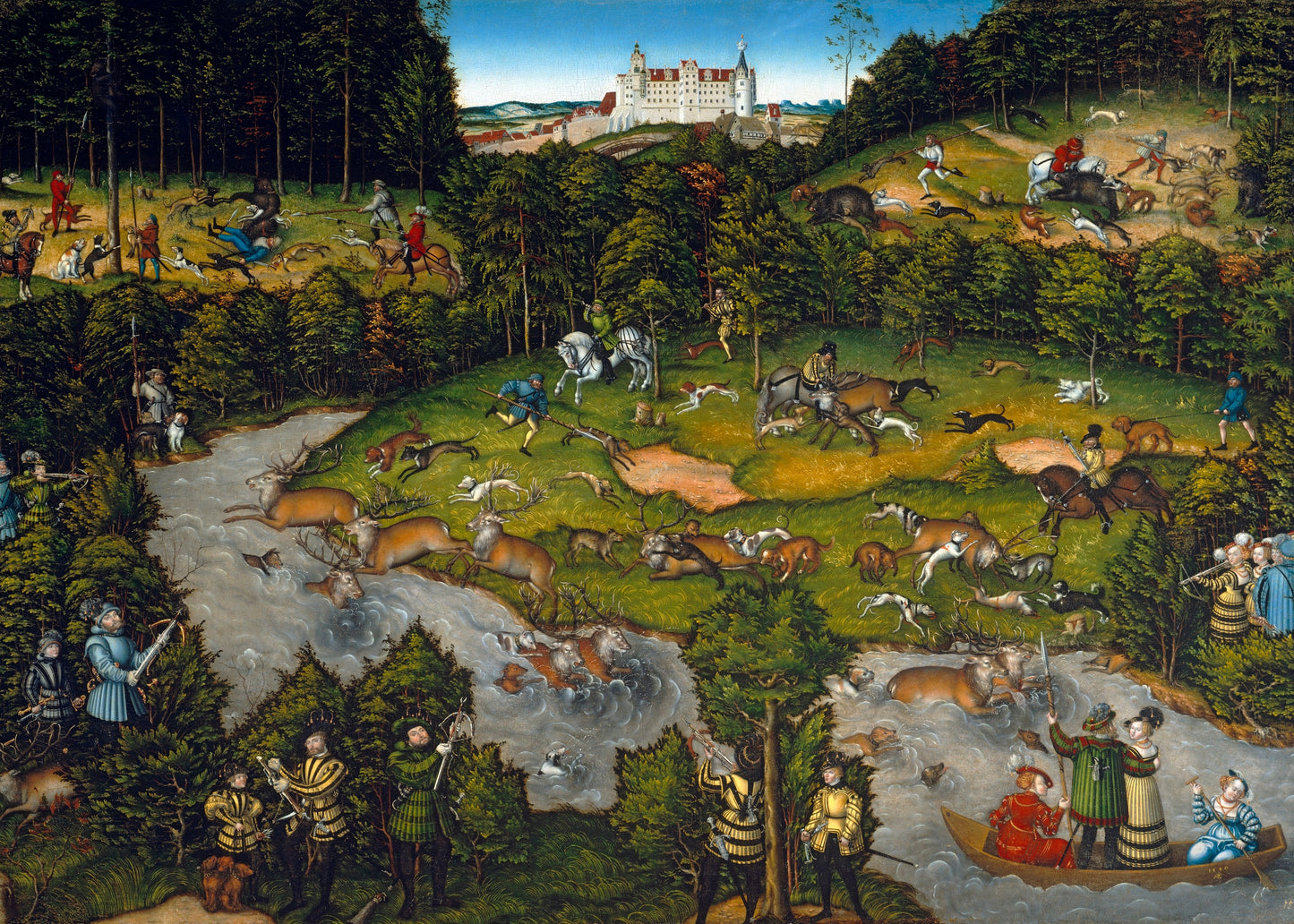 Historical painting of a hunting scene with people, animals, and a castle in the background.
