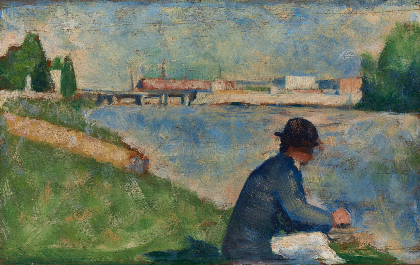 Painting of a person sitting by a river with a bridge in the background