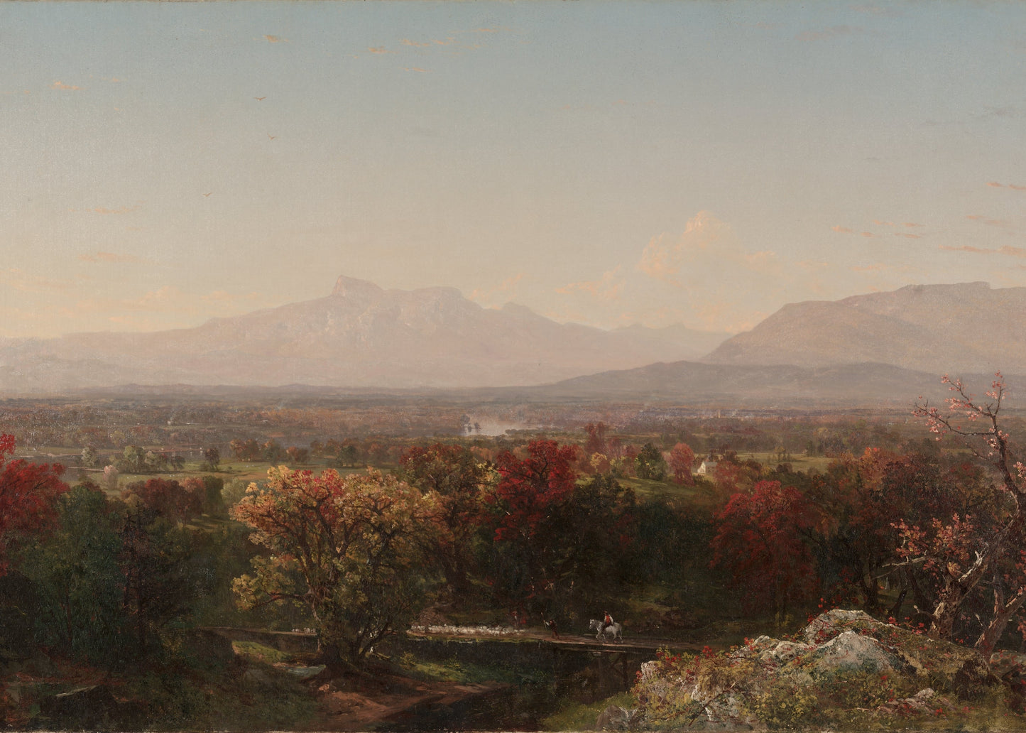 Landscape painting of a valley with trees and mountains in the background