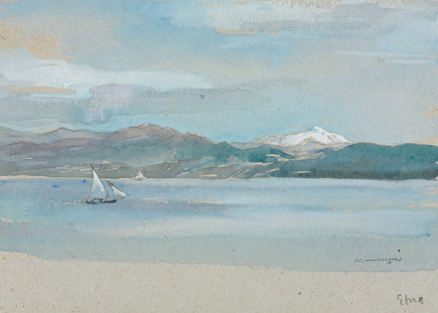 Watercolor painting of a sailboat on a lake with mountains in the background