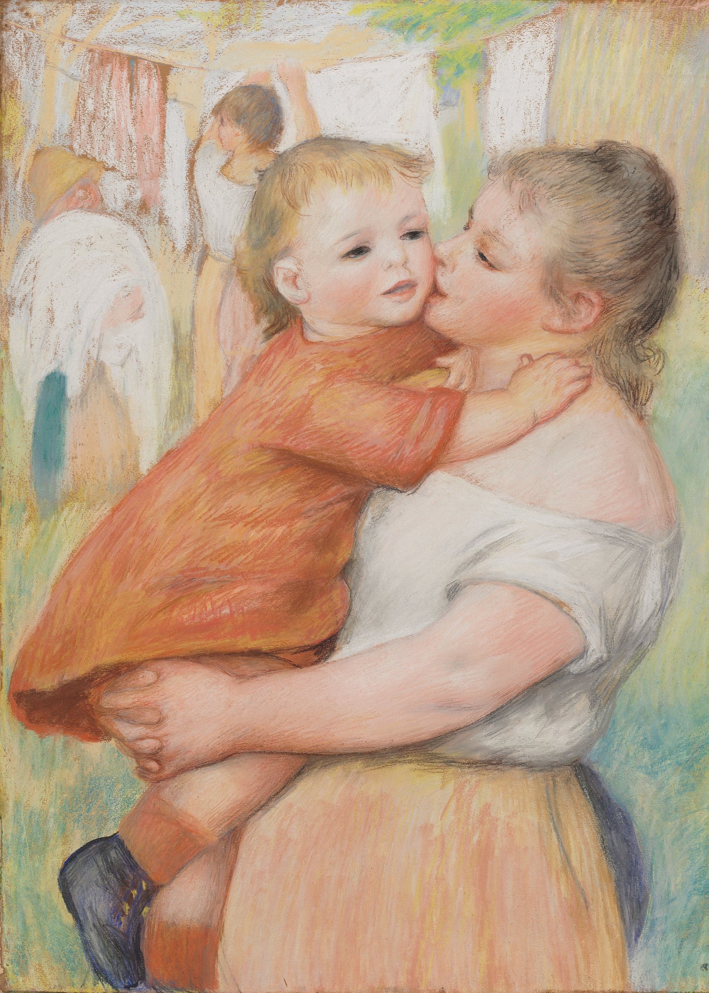 Painting of a woman holding a child with a blurred background