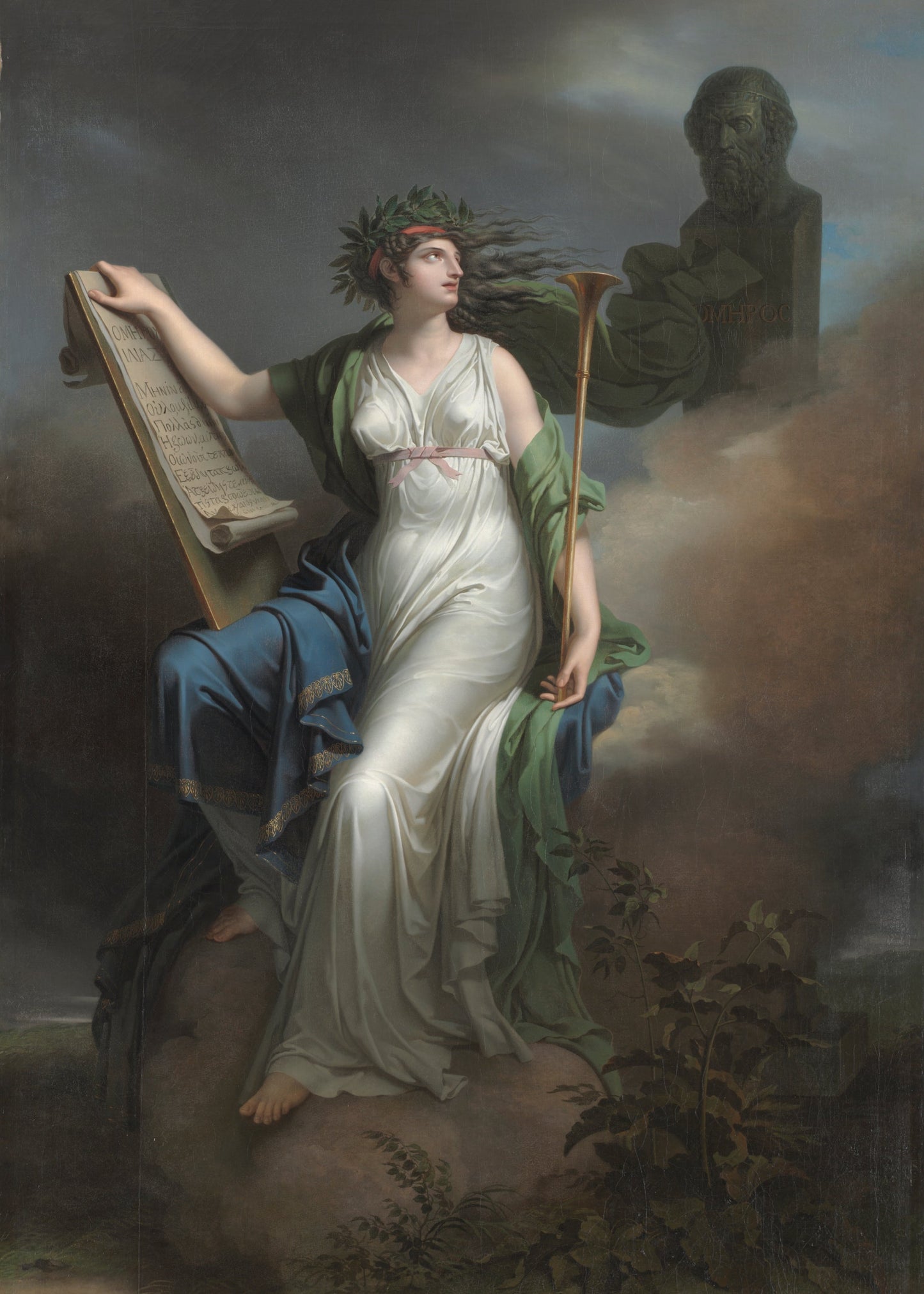 classical painting of a woman in a white gown holding a lyre and staff, with a bust in the background