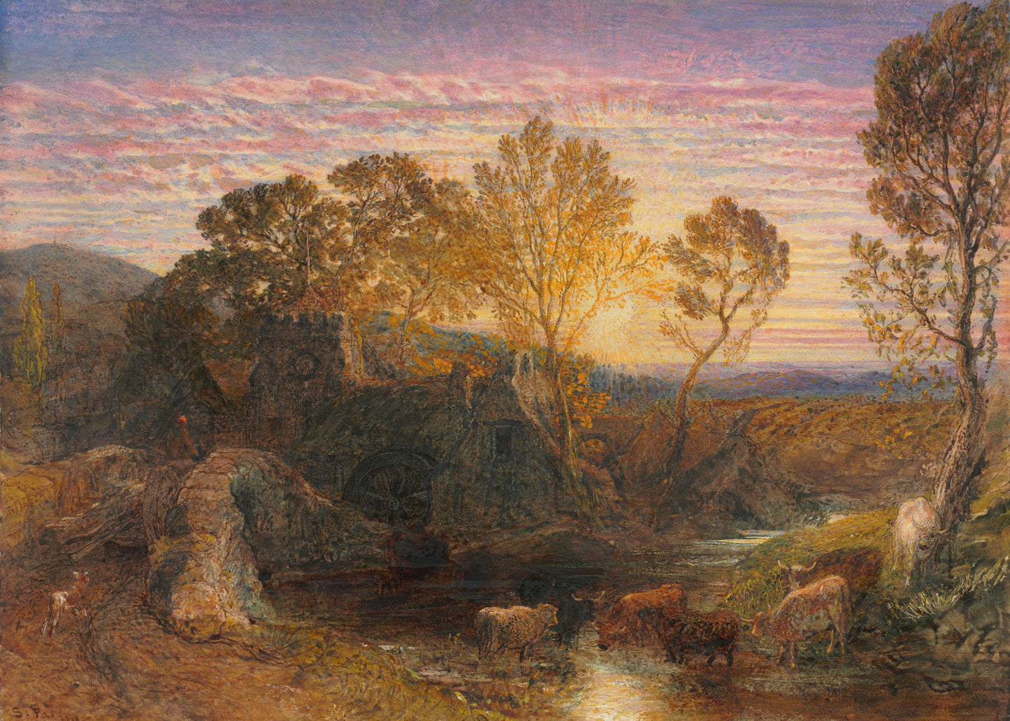 Landscape painting with ruins, trees, and animals at sunset.