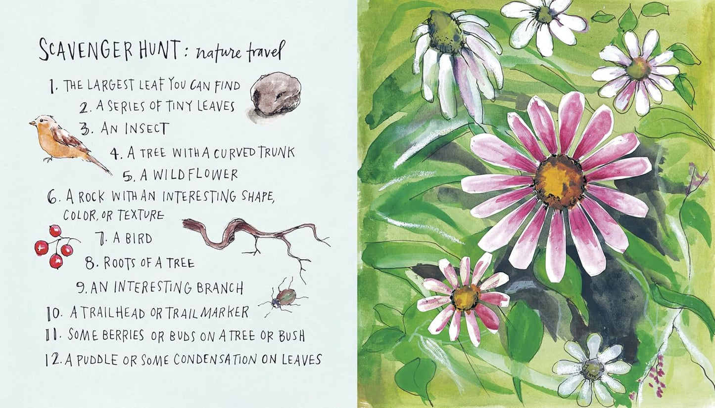 Scavenger hunt list for nature with illustrations of plants and animals on a green background.