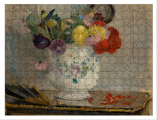 Jigsaw puzzle packaging featuring a painting of flowers in a vase by Manet & Merian.