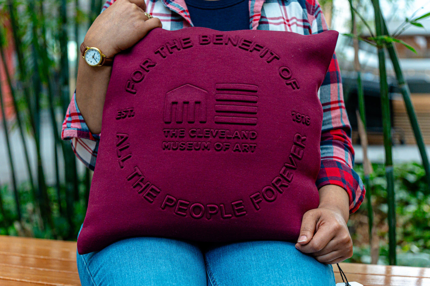 "For the Benefit" Embossed Cushion Cranberry
