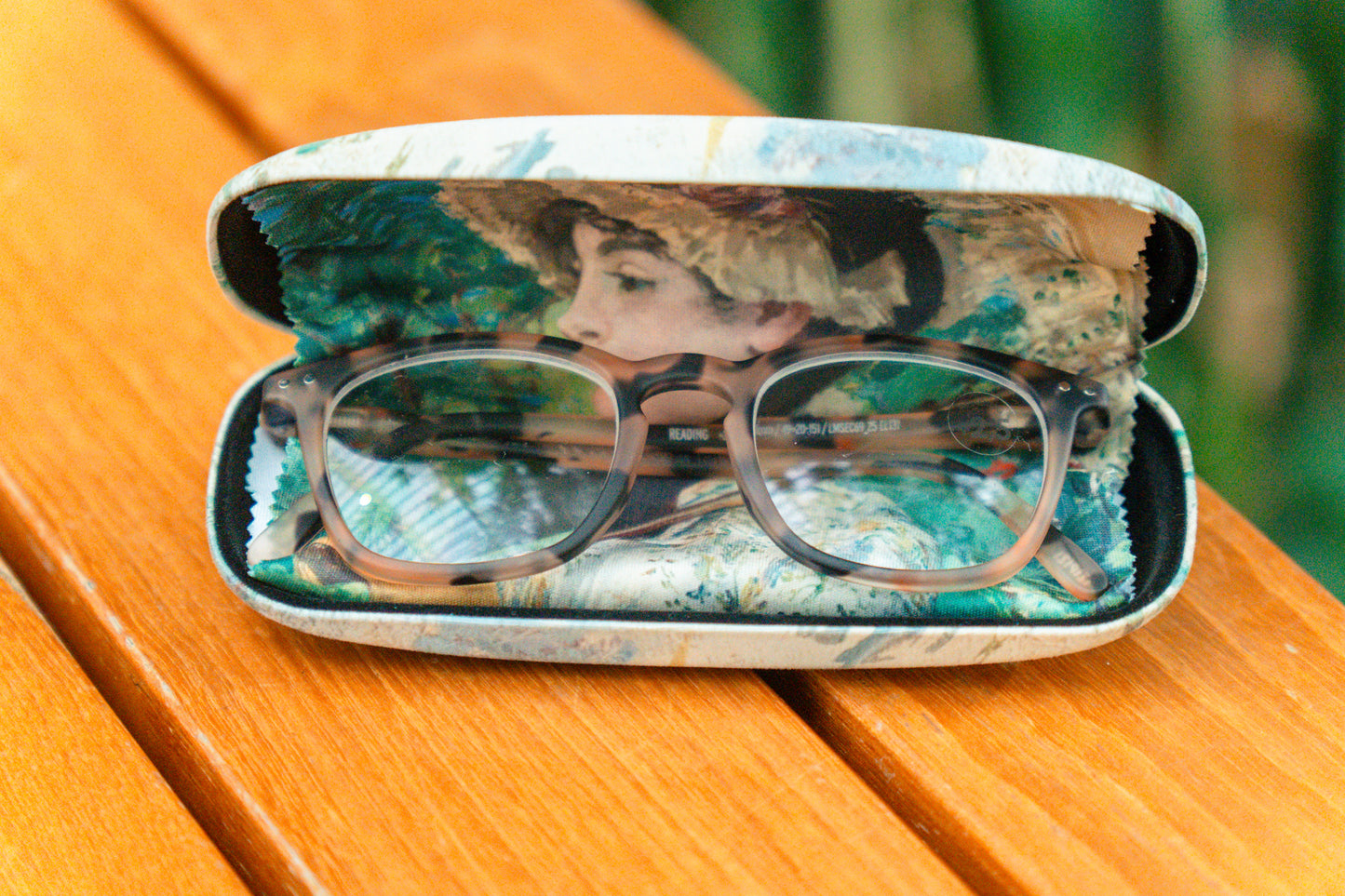 Eyeglasses in a case with a scenic design on a wooden surface