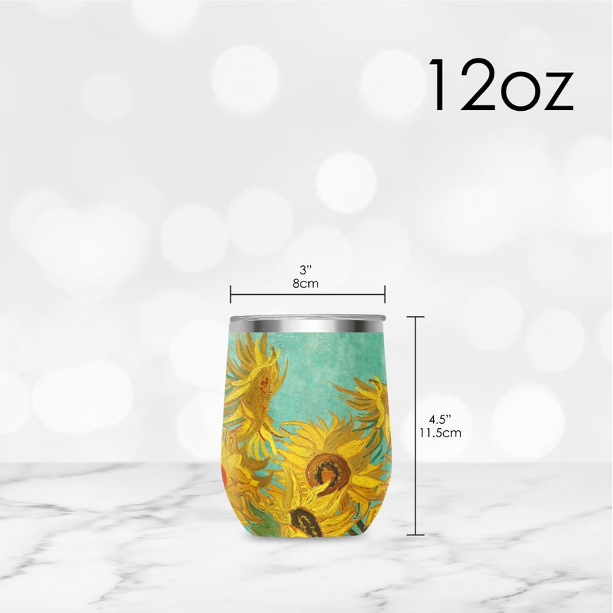 12 oz Stemless Wine Tumbler - Van Gogh "Sunflowers" - Silver Rim