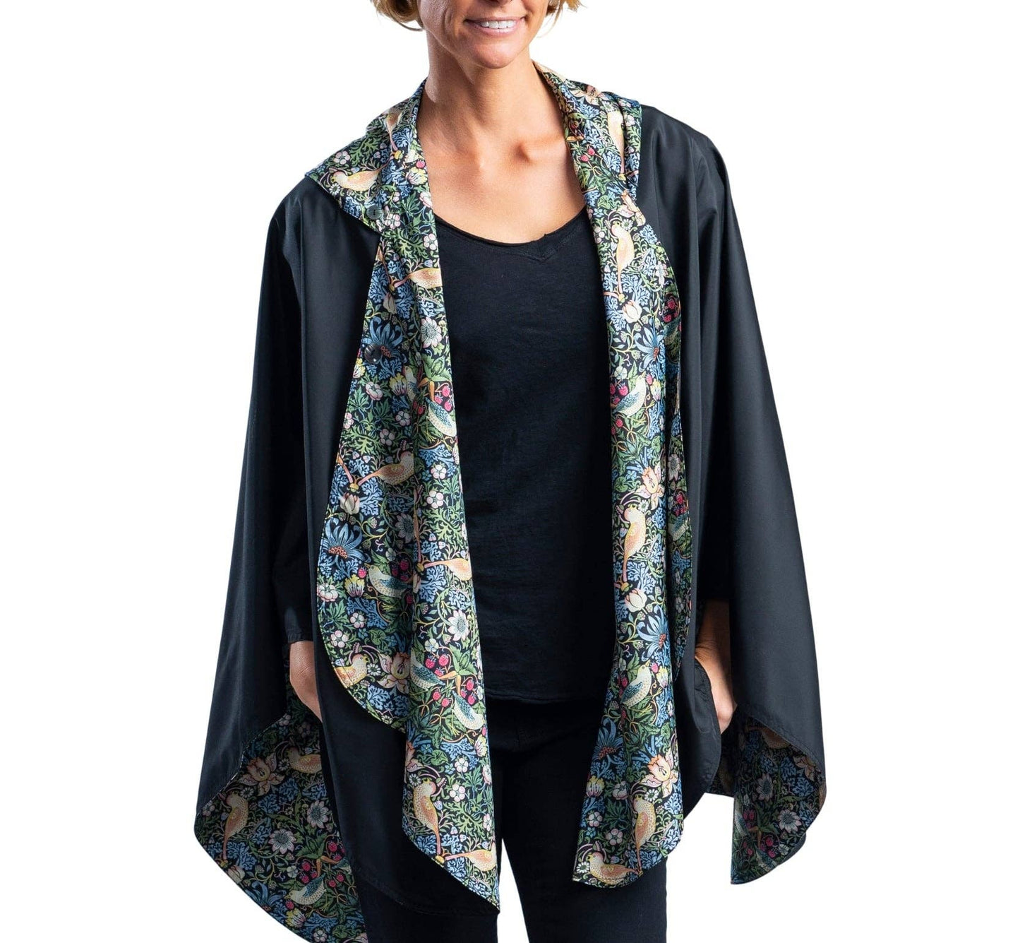 Black / William Morris Strawberry Thief Rain & Travel Cape