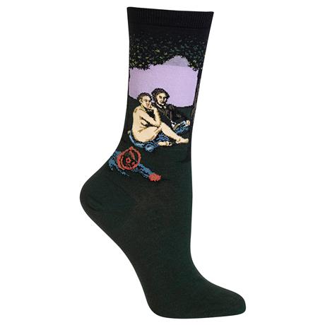 Black sock with artistic design of a couple and a rose on a white background