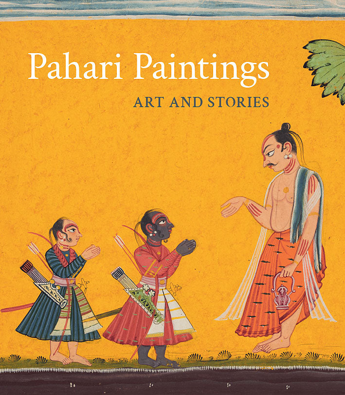 Book cover of 'Pahari Paintings: Art and Stories' with illustrations of people on a yellow background.
