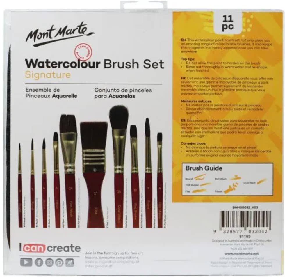 Mixed Bristle Brush Set Wallet 11pce - Watercolor
