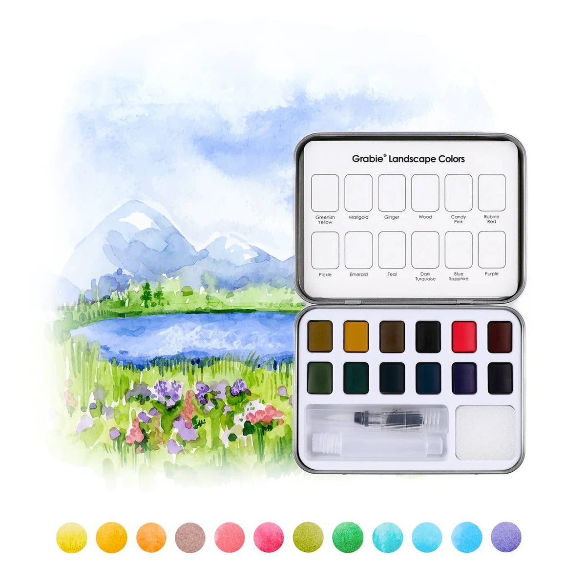 Watercolor Pocket Set Of 12 With Brush - Landscape Colors