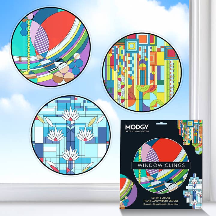 Colorful geometric window clings with packaging on a window background