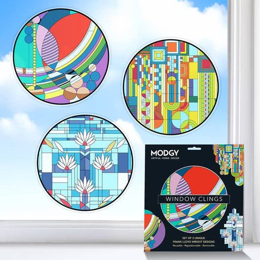 Colorful geometric window clings with packaging on a window background