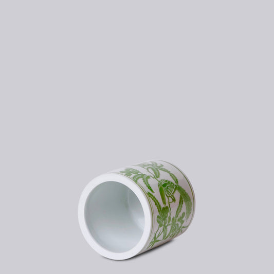 Tiny Green and White Porcelain Bird and Flower Cachepot