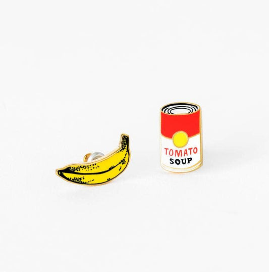 Pop Art Banana and Soup Earrings - Gold Museum Artsy Studs