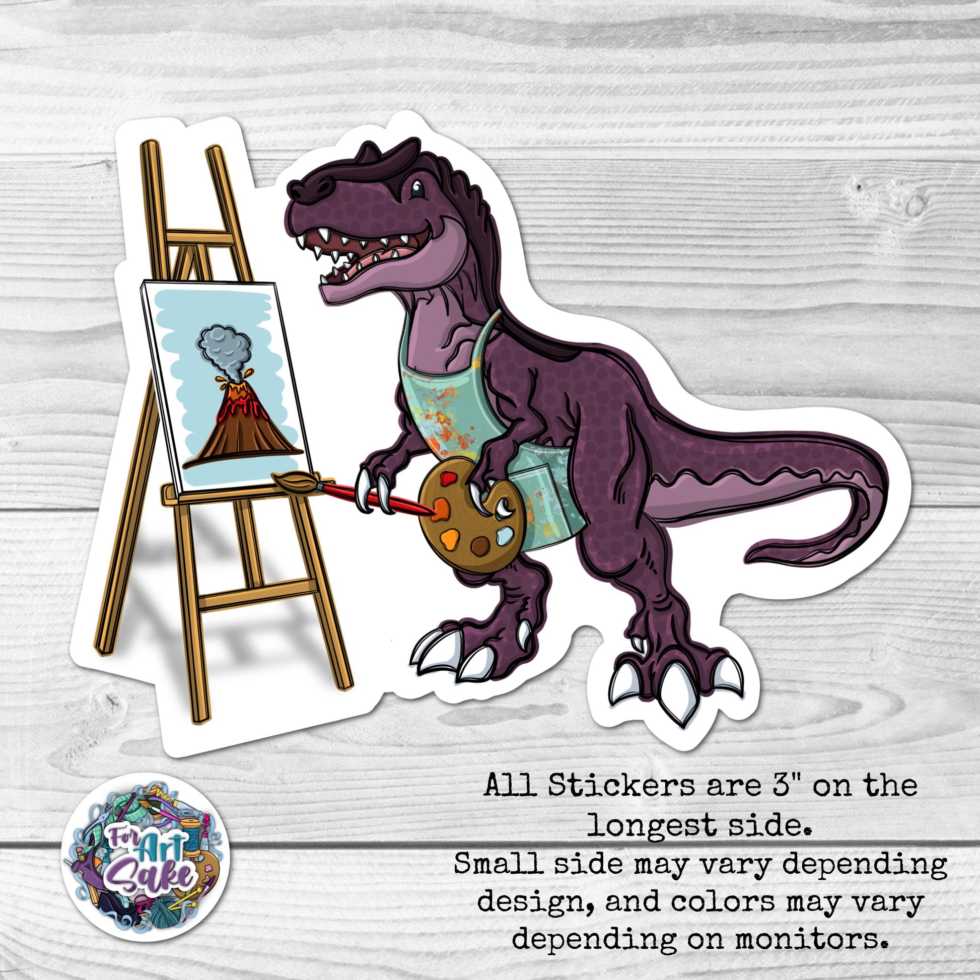 Sticker of a dinosaur painting on an easel with text about sticker dimensions.