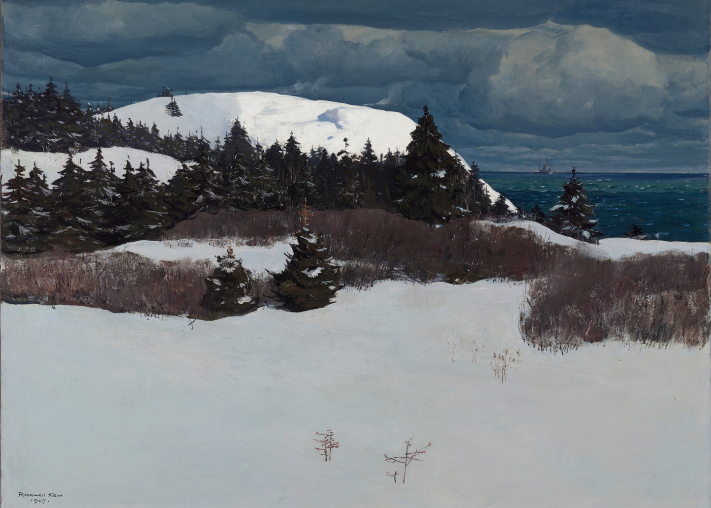 Winter landscape with snow-covered ground, trees, and mountains under a cloudy sky.