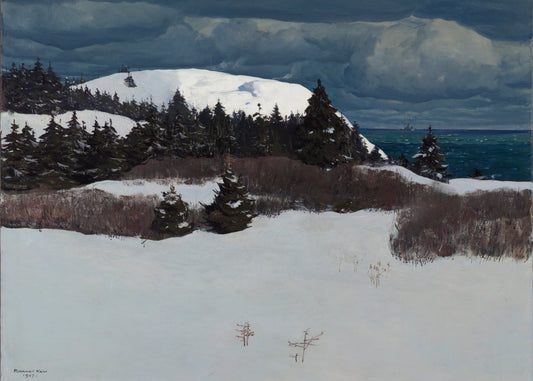Winter landscape with snow-covered ground, trees, and mountains under a cloudy sky.