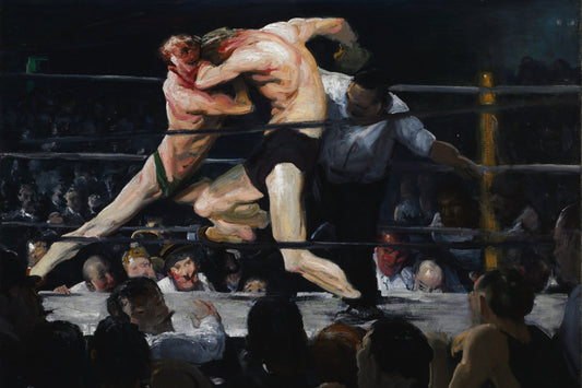 Oil painting of a boxing match with two fighters in the ring and spectators watching.