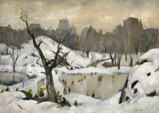 Winter scene with people skating on a frozen lake, buildings in the background