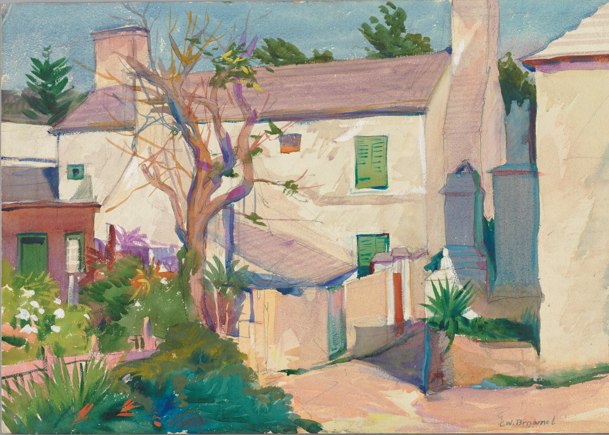 Painting of a residential street with houses and trees