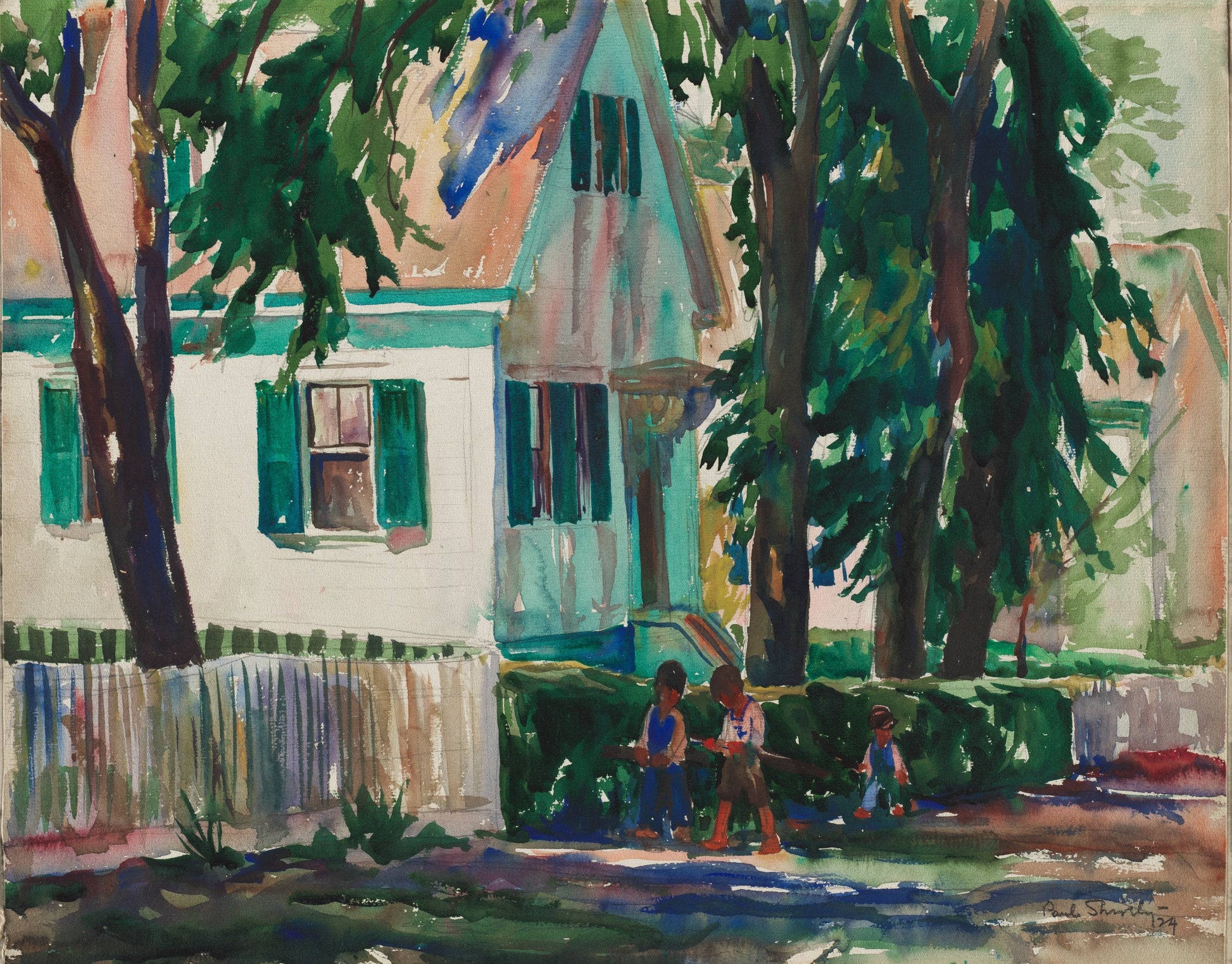 Painting of a house with children playing in a yard