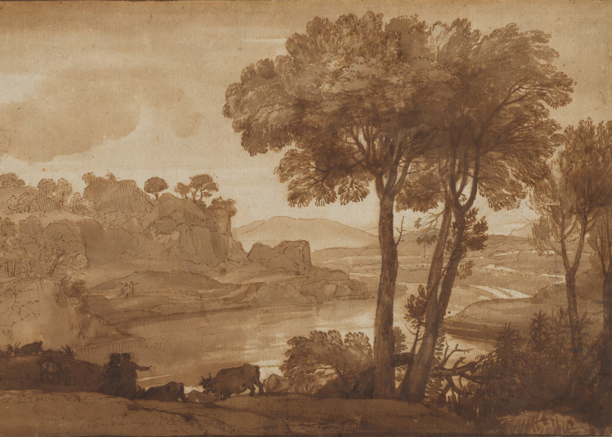 Landscape with trees and a body of water, rendered in brown tones.