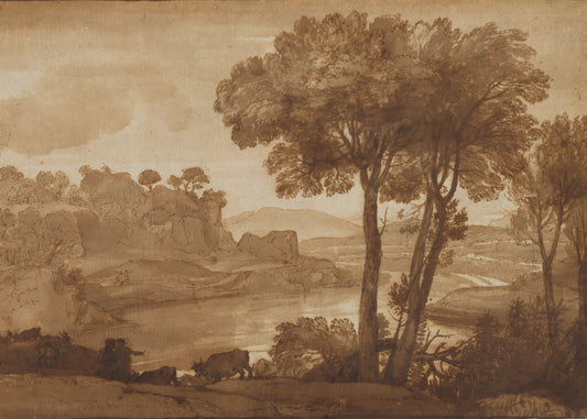 Landscape with trees and a body of water, rendered in brown tones.