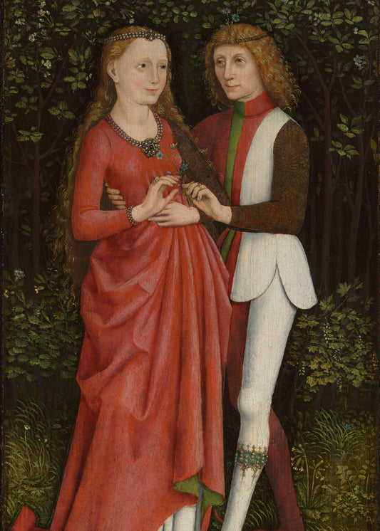 Painting of a couple in a forest, one in a red dress and the other in a brown outfit.