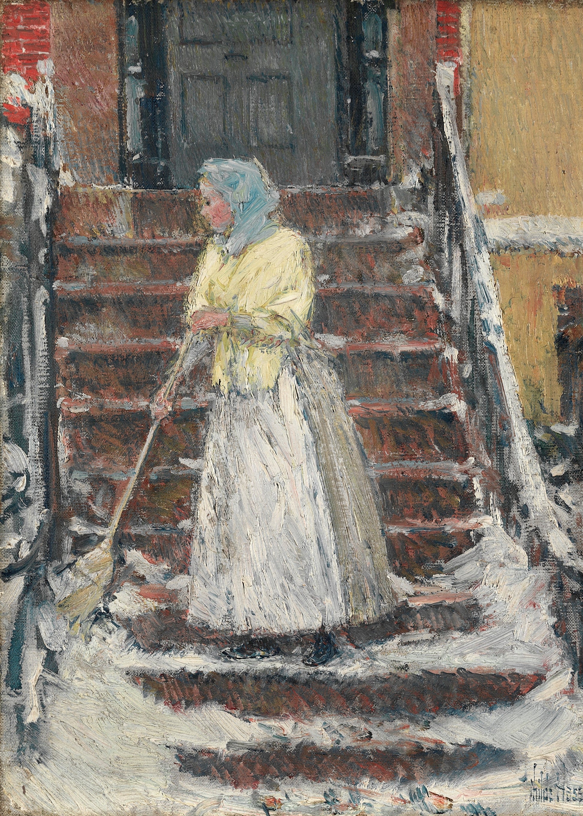 Painting of a woman with a broom on a snowy staircase
