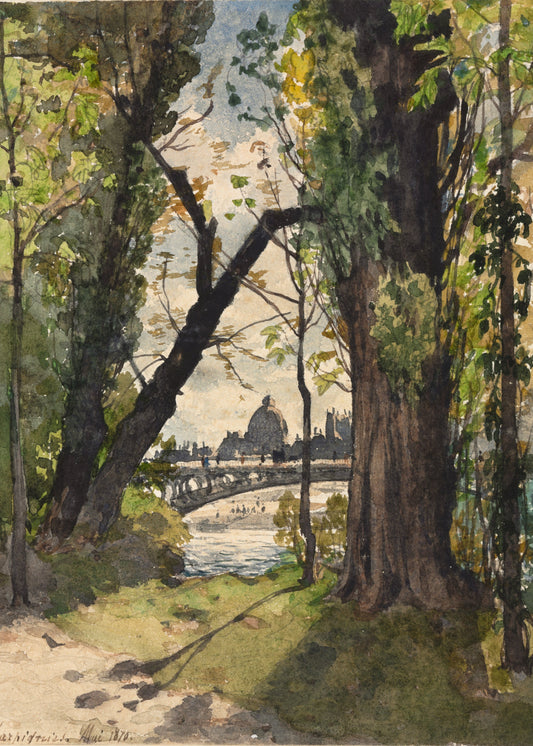 Painting of a park scene with trees and a bridge over a river, featuring the Pantheon in the background.
