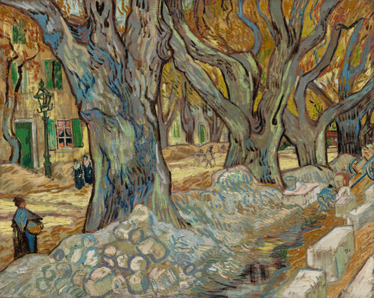 Painting of a tree-lined street with people and a lamp post, featuring Van Gogh's signature style.