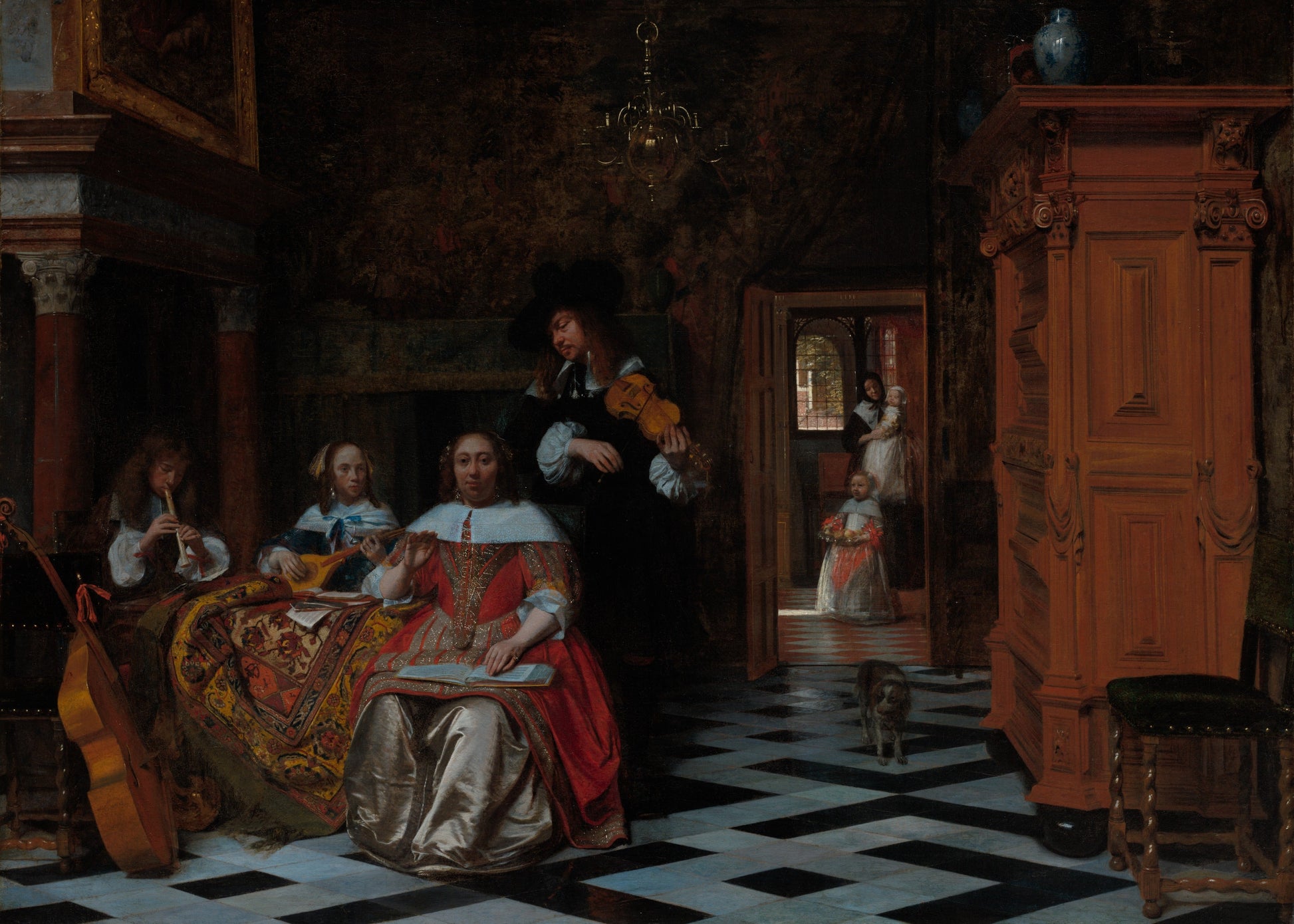 Baroque painting of a group of people in an ornate room with musical instruments.