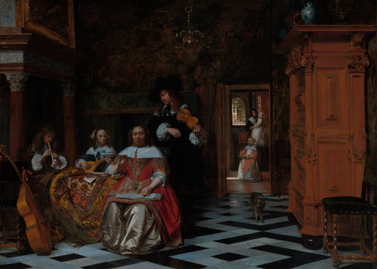 Baroque painting of a group of people in an ornate room with musical instruments.