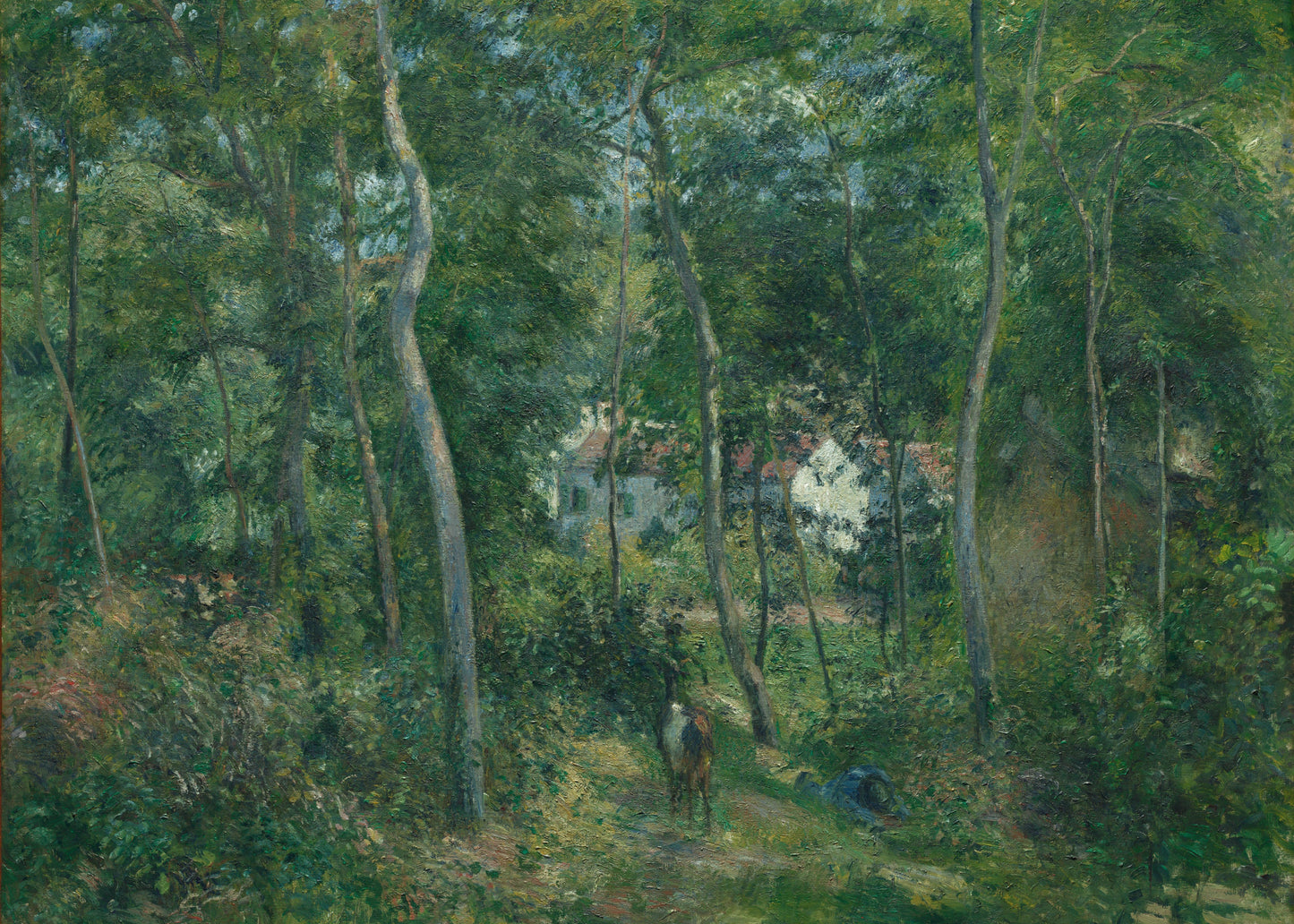 Painting of a forest scene with a path and buildings in the distance.