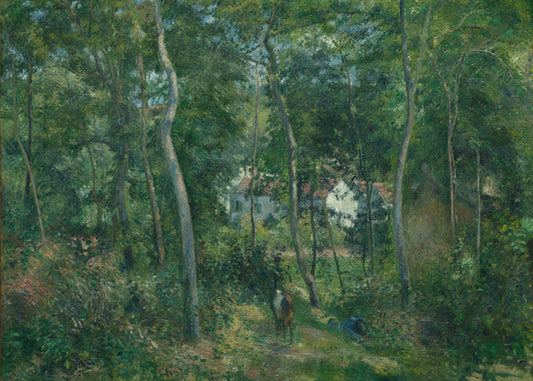 Painting of a forest scene with a path and buildings in the distance.