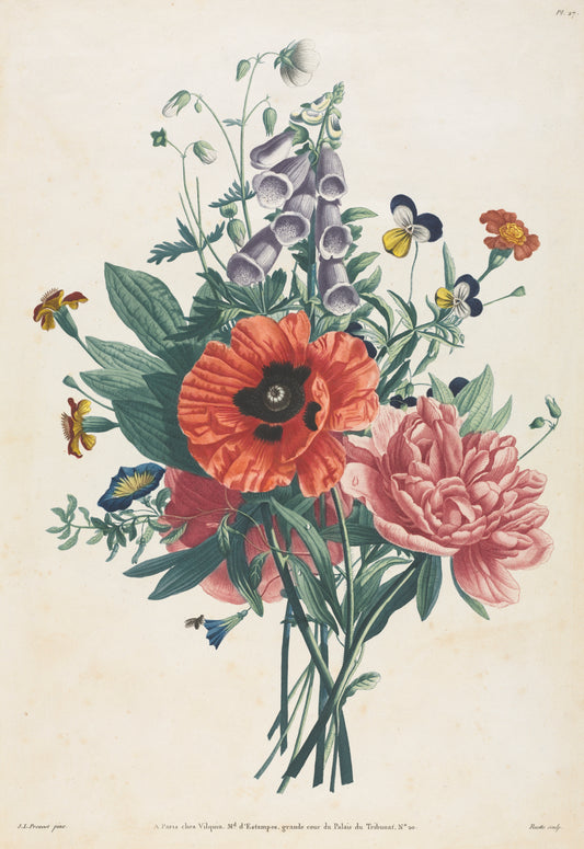 Vintage-style illustration of a bouquet of flowers with a beige background
