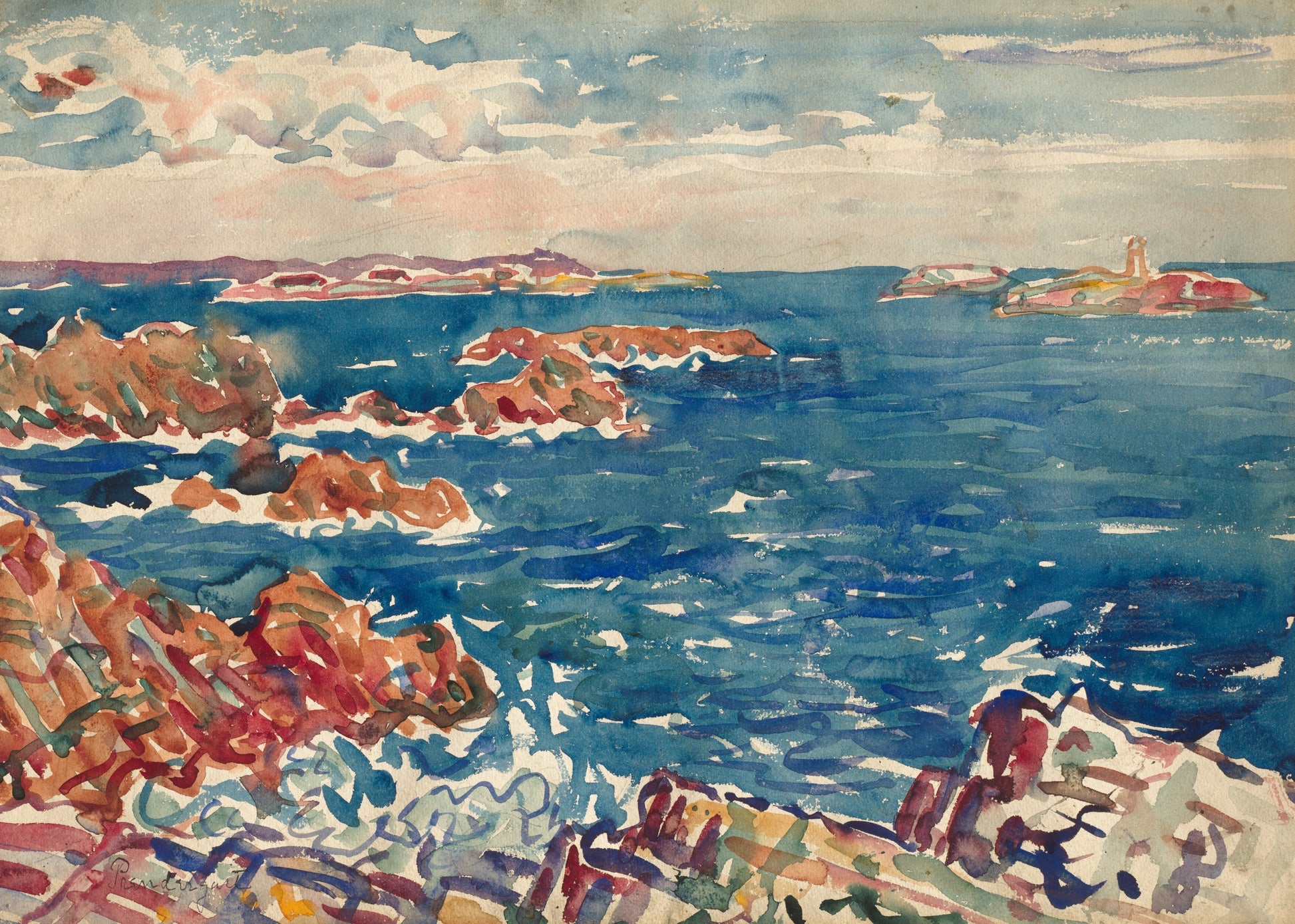 Colorful painting of a coastal scene with rocks and water.