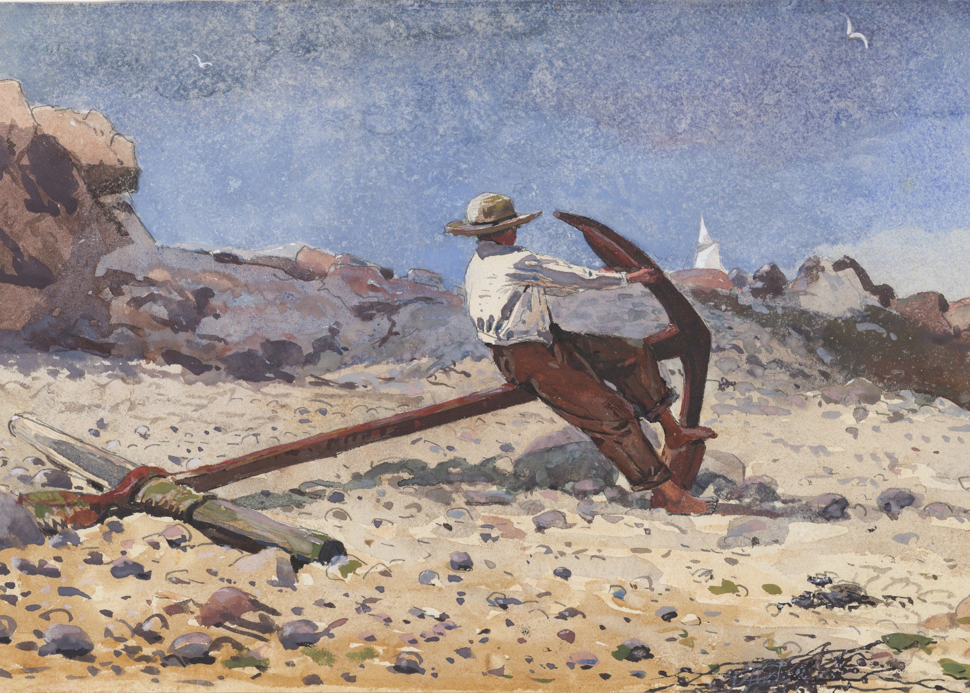 Painting of a man with a pickaxe on a rocky beach with a lighthouse in the background