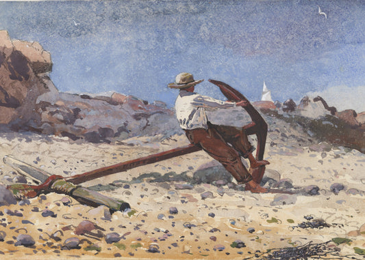 Painting of a man with a pickaxe on a rocky beach with a lighthouse in the background