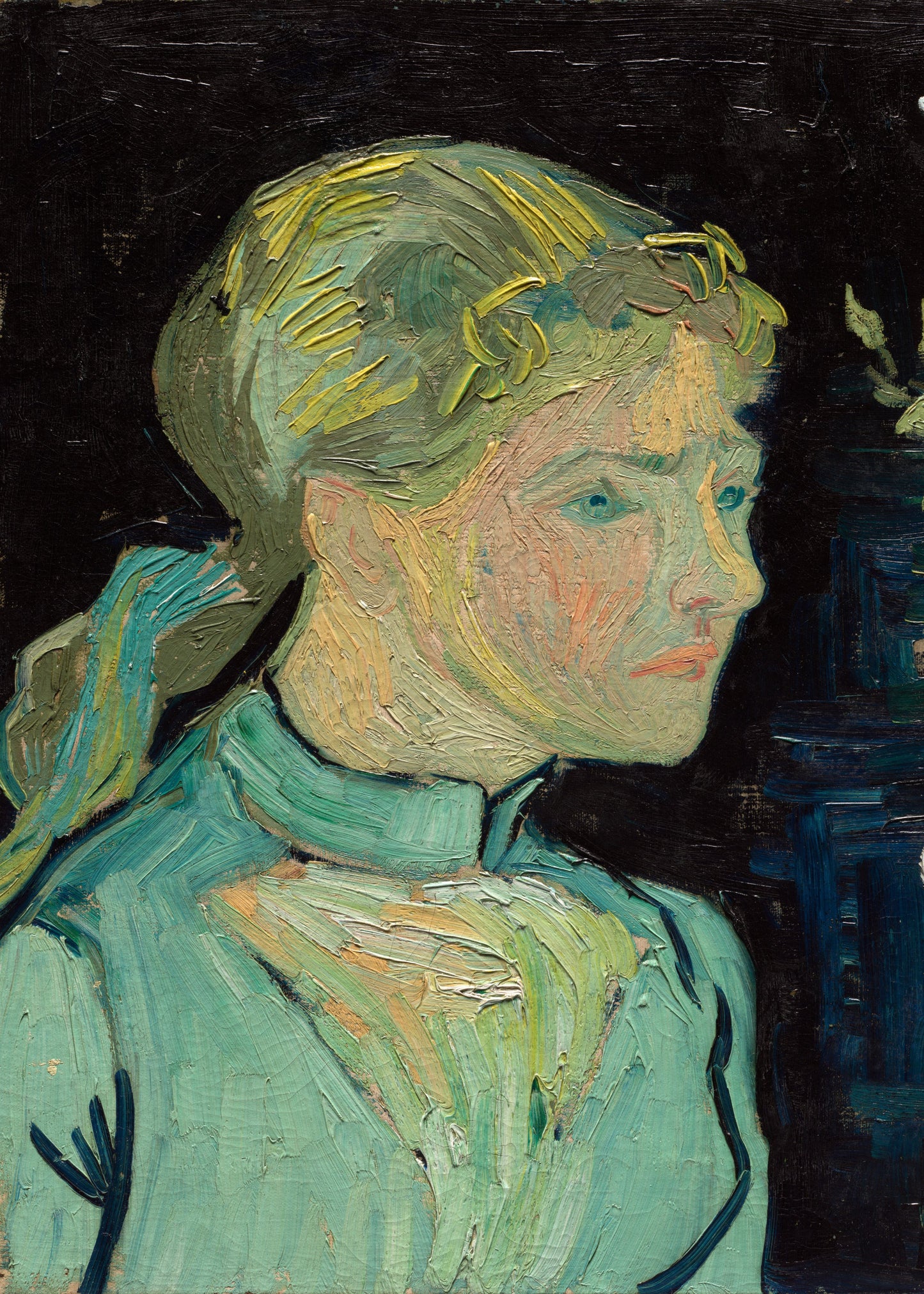 Painting of a woman with flowers, reminiscent of Van Gogh's style