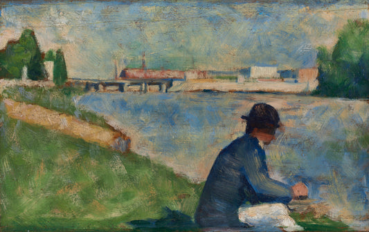 Painting of a person sitting by a river with a bridge in the background